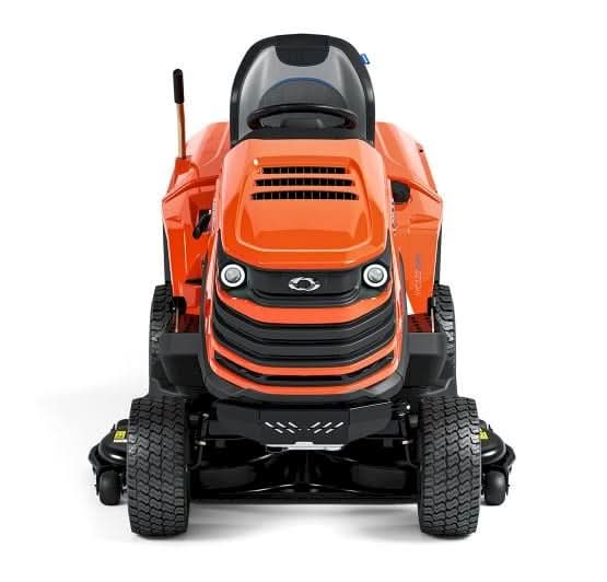 Завантажте зображення в засіб перегляду галереї, front view of orange 724cc ride-on lawnmower with rear discharge & 380 litre collection bag