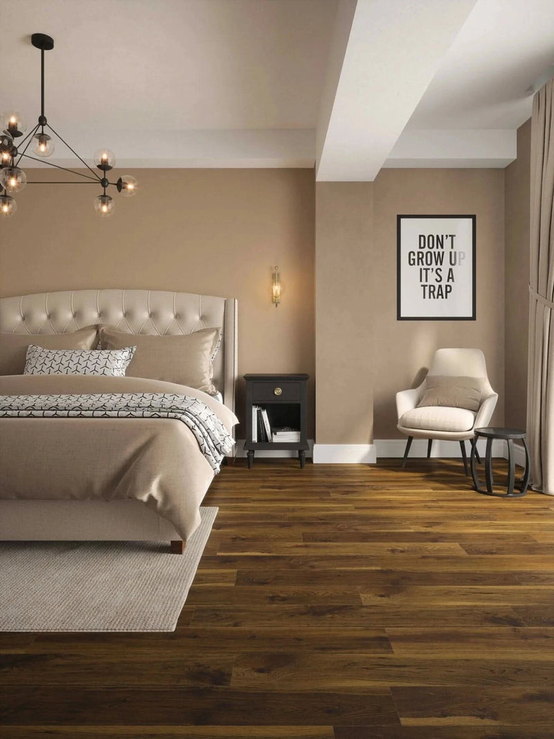 Завантажте зображення в засіб перегляду галереї, smoked cathedral oak laminate floor displayed in a bedroom