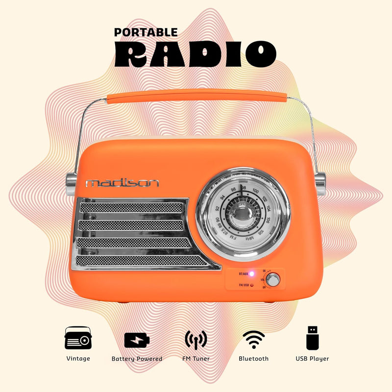 Load image into Gallery viewer, Madison Retro FM Bluetooth Rechargeable Radio | Matte Orange | 143600