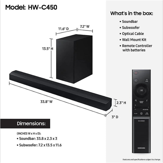 Samsung C450 Soundbar with Wireless Subwoofer | 2.1CH | 300W | Black | HW-C450/XU