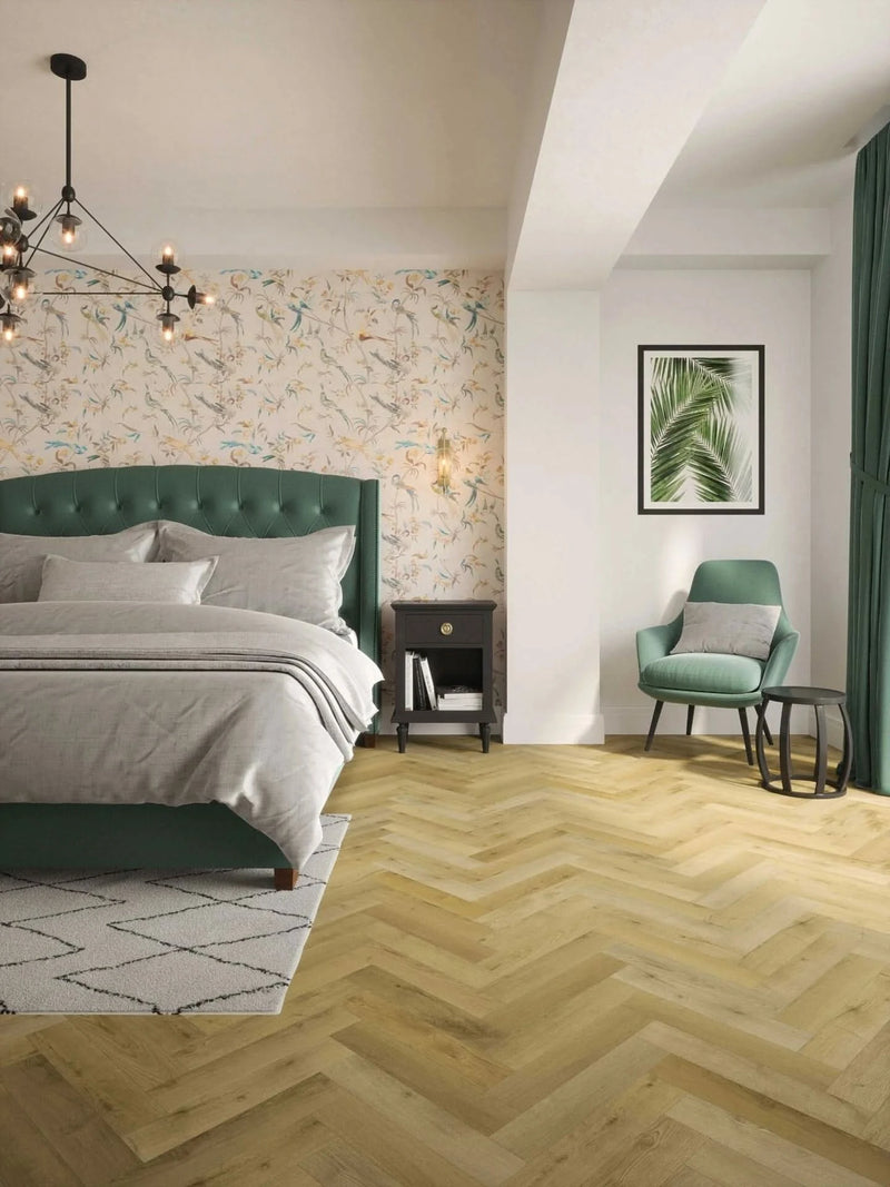 Завантажте зображення в засіб перегляду галереї, privas oak herringbone laminate flooring displayed in a bedroom
