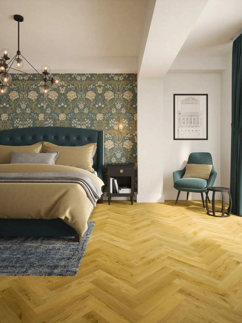 Завантажте зображення в засіб перегляду галереї, albi honey oak herringbone laminate flooring on display in a bedroom
