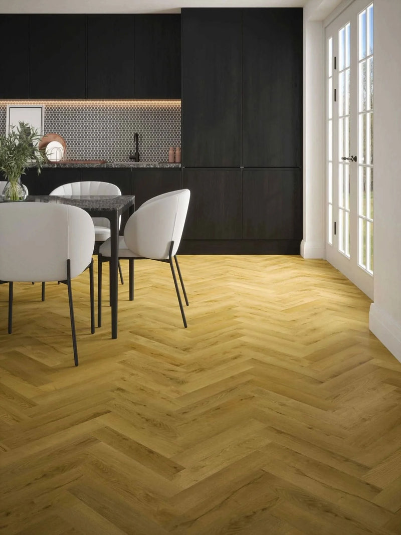 Завантажте зображення в засіб перегляду галереї, albi honey oak herringbone laminate flooring on display in a kitchen