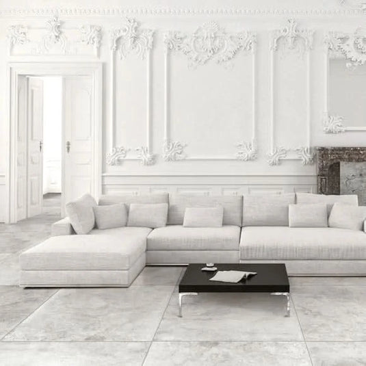 grey marble matt 80x80cm tile displayed in a living area