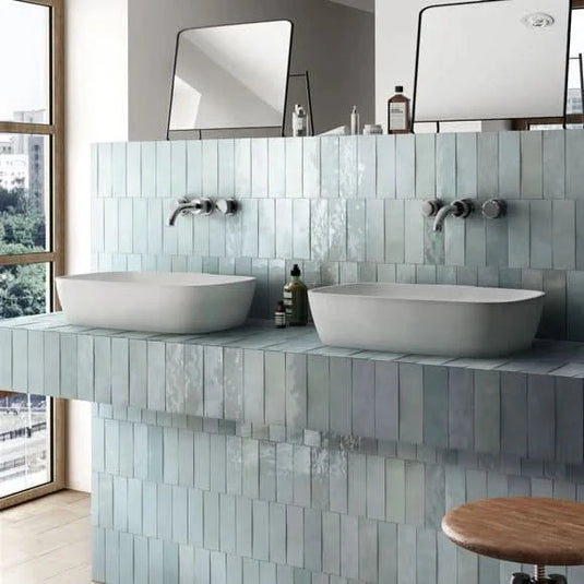 artisan tile in aqua, 6.5x20cm in the bathroom