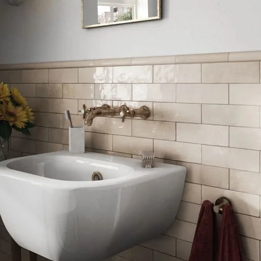 artisan tile in ochre, 6.5x20cm in the bathroom