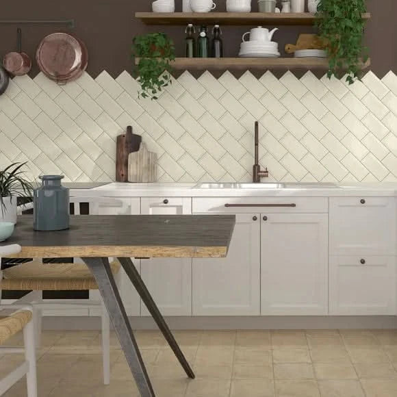 Load image into Gallery viewer, the cream bissel tile displayed in a kitchen setting