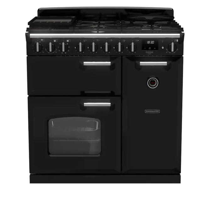 Załaduj obraz do przeglądarki galerii, Rangemaster Classic Deluxe 90cm Dual Fuel Range Cooker | Black | CLDL90DFPGBL/CM1