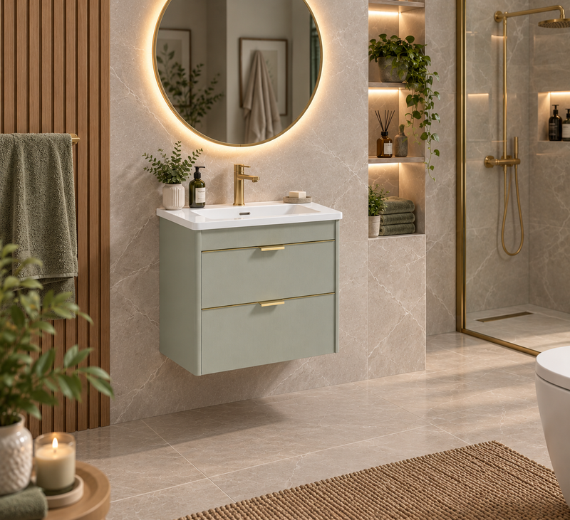 Załaduj obraz do przeglądarki galerii, Sonas Lumiere Wall Hung 60cm Two Drawers Vanity Unit | Shadow Basin | Lakeside Sage | Brushed Gold Handles | UF2478