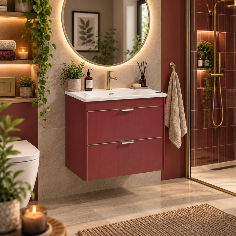 Załaduj obraz do przeglądarki galerii, Sonas Lumiere Wall Hung 60cm Two Drawers Vanity Unit | Shadow Basin | Ruby Fern | Brushed Nickel Handles | UF2487
