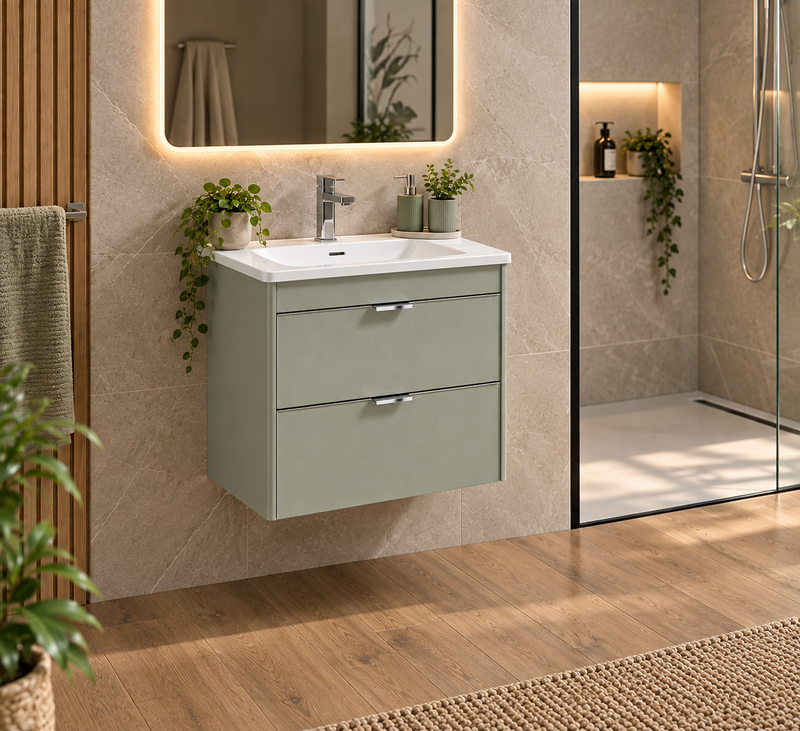 Load image into Gallery viewer, Sonas Lumiere Wall Hung 60cm Two Drawers Vanity Unit | Shadow Basin | Lakeside Sage | Chrome Handles | UF2476