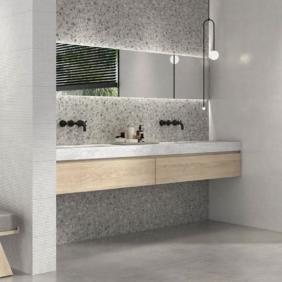 Load image into Gallery viewer, gris owen tile displayed in a bathroom