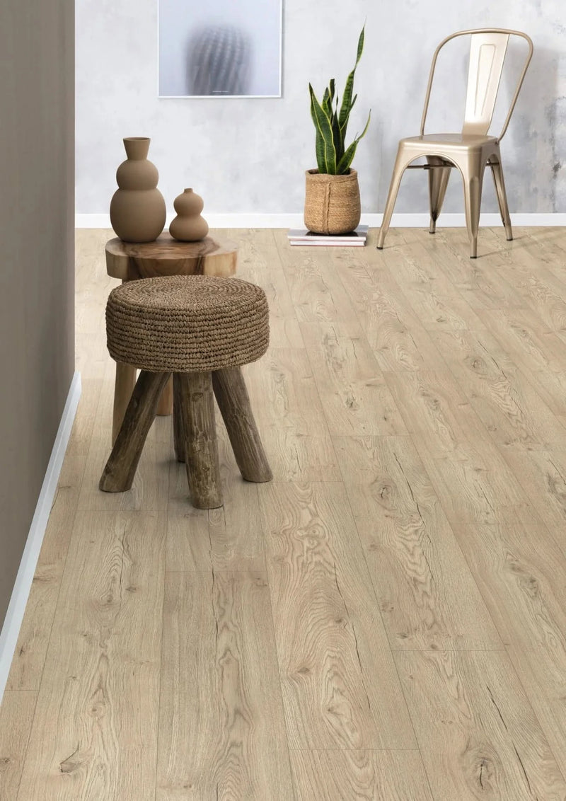 Load image into Gallery viewer, sand beige olchon oak large aqua laminate flooring displayed in a hallway