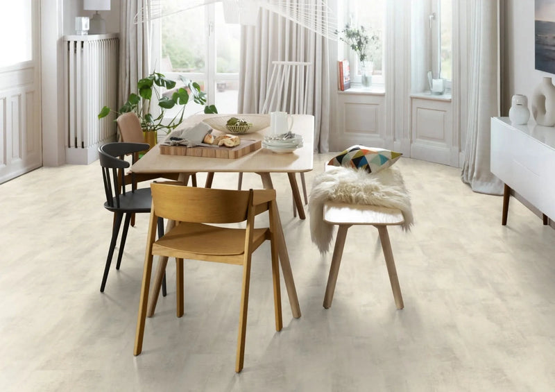Load image into Gallery viewer, white chromix laminate flooring displayed in a dining room