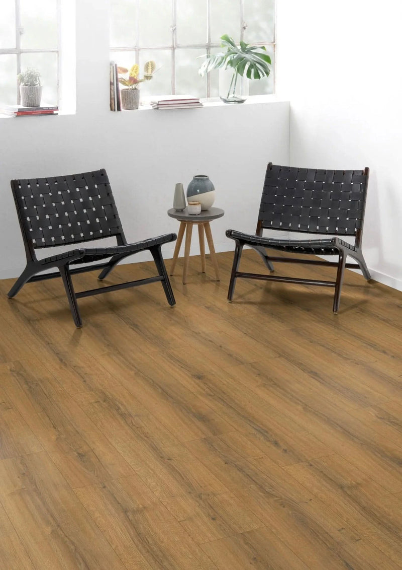 Załaduj obraz do przeglądarki galerii, cognac brown sherman oak large aqua laminate flooring on display in a home setting
