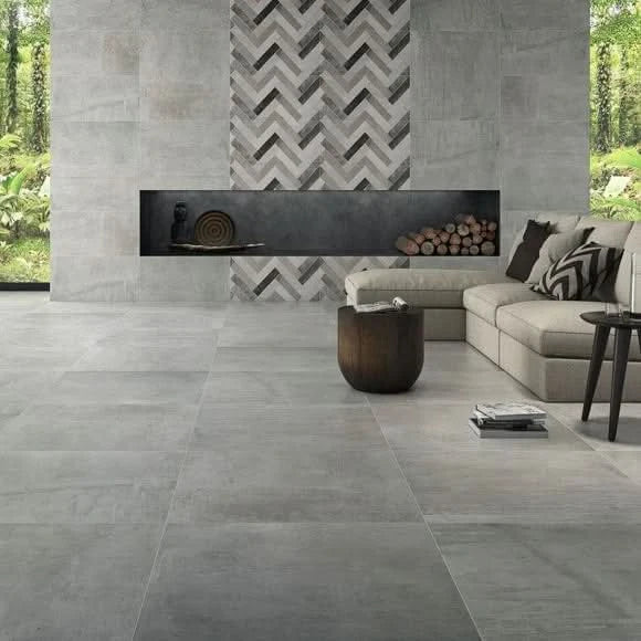 Load image into Gallery viewer, ice and smoke tile in ice grey, 60x60cm displayed in the living room