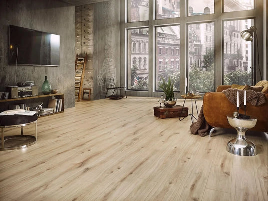 desperados oak aqua long laminate flooring on display in a living area