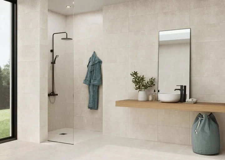 Load image into Gallery viewer, leiria tile in almond satin, 33.3x90cm in the bathroom