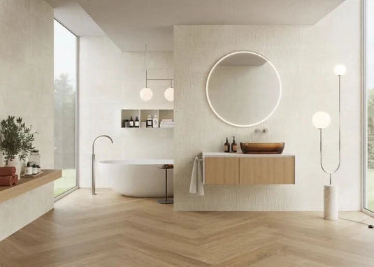 leiria tile in natural satin, 33.3x90cm in the bathroom