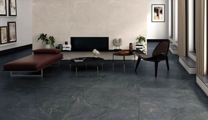 Load image into Gallery viewer, anthracite matt lithos tile 100x100cm displayed in a living area