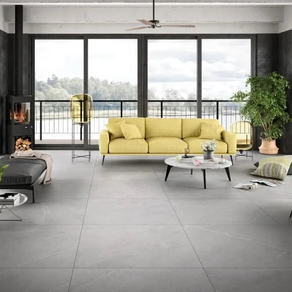 Load image into Gallery viewer, portobello tile in gris, 100x100cm on display