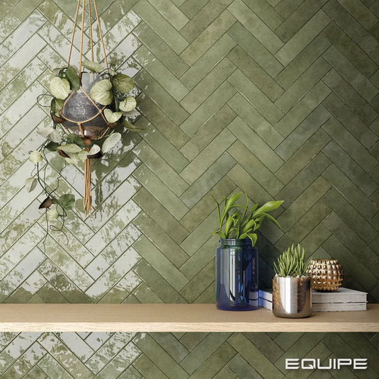 tribeca tile in sage green, 6x24.6cm above the shelf