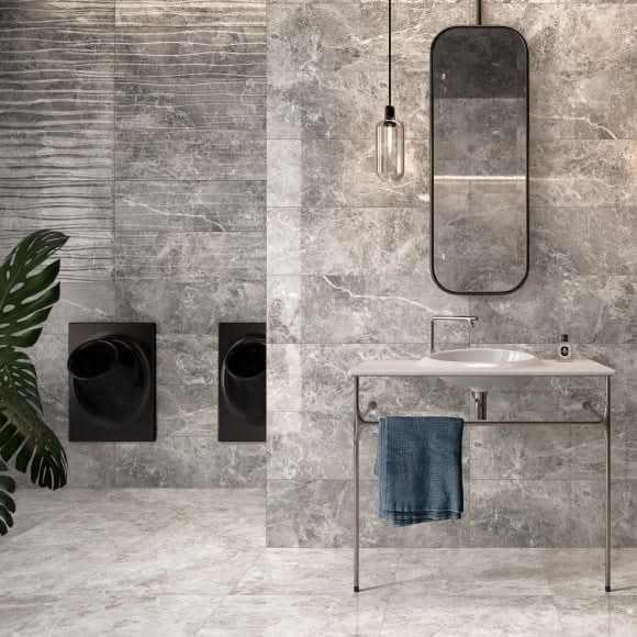 Load image into Gallery viewer, tundra sky tile in grey glossy, 30x90cm in the bathroom