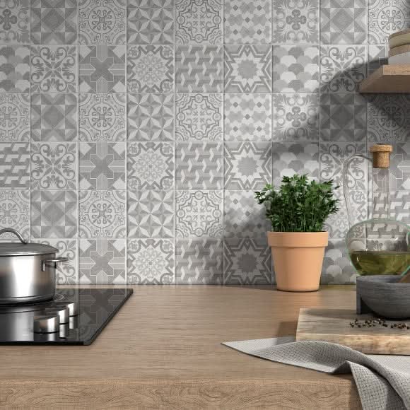 Завантажте зображення в засіб перегляду галереї, 20x60cm huydra cold decor uptown tile displayed in a kitchen