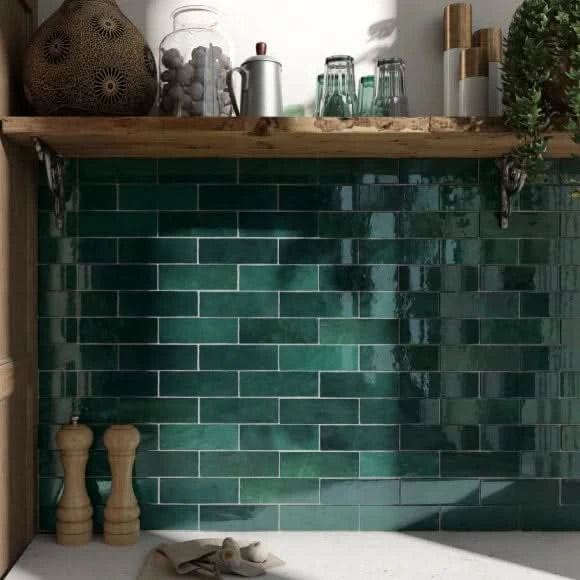 Завантажте зображення в засіб перегляду галереї, artisan tile in moss green, 6.5x20cm in the kitchen