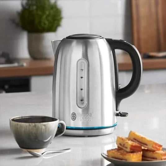 russell hobbs buckingham quiet boil kettle in stainless steel with black handle