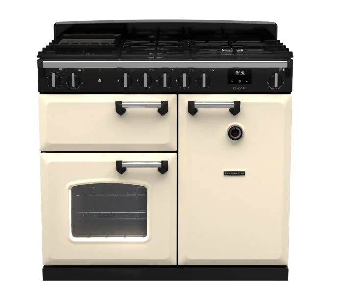 Załaduj obraz do przeglądarki galerii, Rangemaster Classic 100 Dual Fuel Pale Cream with Chrome Trim | CL100DFPPCR/CM1