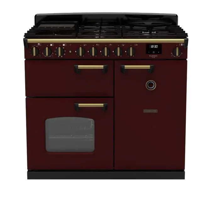 Załaduj obraz do przeglądarki galerii, Rangemaster Classic Deluxe 100 Dual Fuel Bordeaux with Antique Brass Trim | CLDL100DFPBOR/AB1