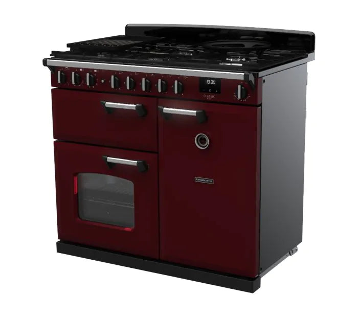 Load image into Gallery viewer, Rangemaster Classic Deluxe 100 Dual Fuel Bordeaux with Chrome Trim | CLDL100DFPBOR/CM1