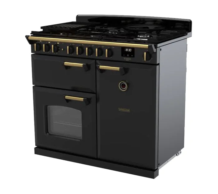 Załaduj obraz do przeglądarki galerii, Rangemaster Classic Deluxe 100 Dual Fuel Charcoal Black with Antique Brass Trim | CLDL100DFPCBL/AB1