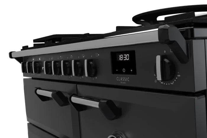 Załaduj obraz do przeglądarki galerii, Rangemaster Classic Deluxe 100 Dual Fuel Charcoal Black with Chrome Trim | CLDL100DFPCBL/CM1