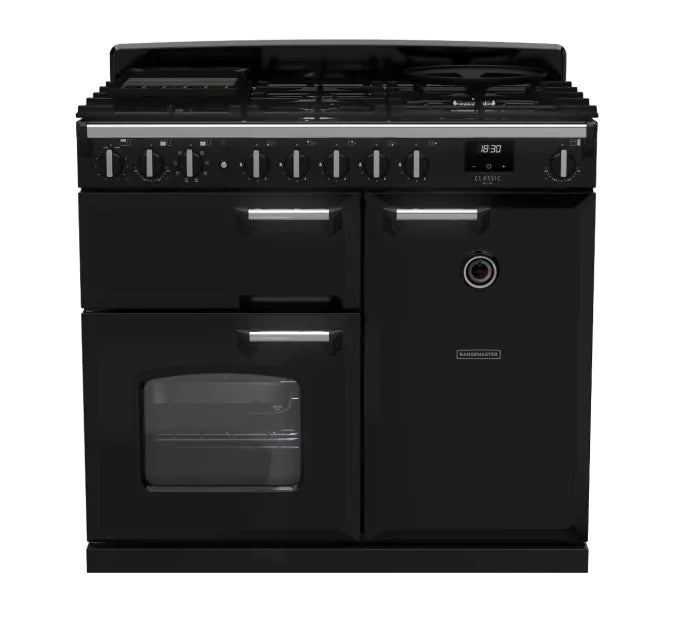 Load image into Gallery viewer, Rangemaster Classic Deluxe 100 Dual Fuel Black with Chrome Trim | CLDL100DFPGBL/CM1