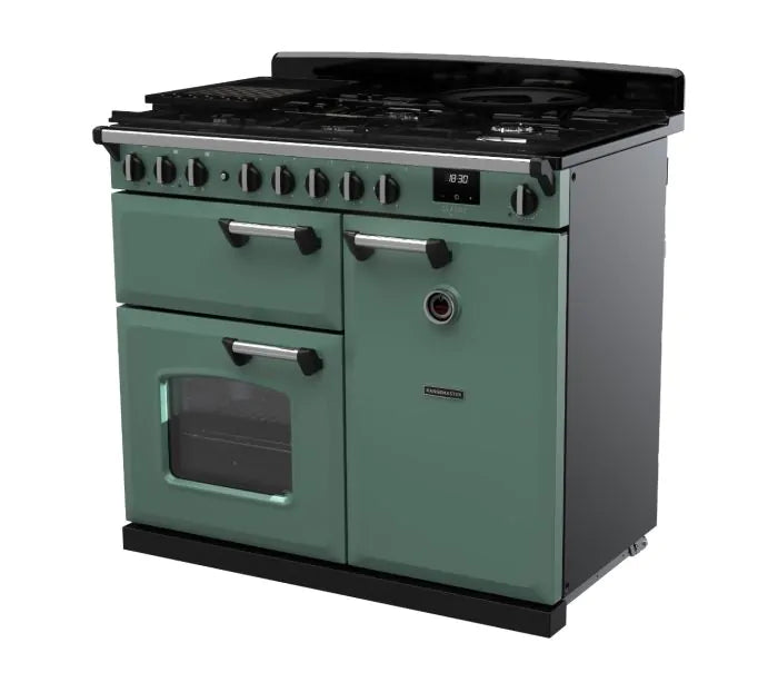 Załaduj obraz do przeglądarki galerii, Rangemaster Classic Deluxe 100 Dual Fuel Mineral Green with Chrome Trim | CLDL100DFPMGR/CM1