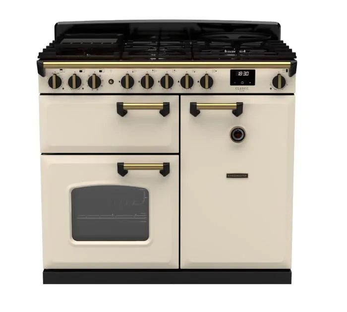 Załaduj obraz do przeglądarki galerii, Rangemaster Classic Deluxe 100 Dual Fuel Pale Cream with Antique Brass Trim | CLDL100DFPPCR/AB1