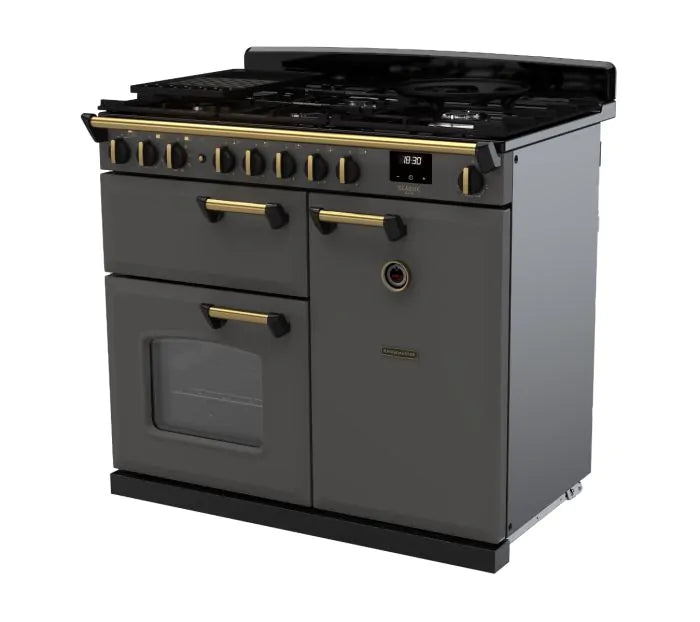 Załaduj obraz do przeglądarki galerii, Rangemaster Classic Deluxe 100 Dual Fuel Slate with Antique Brass Trim | CLDL100DFPSLT/AB1