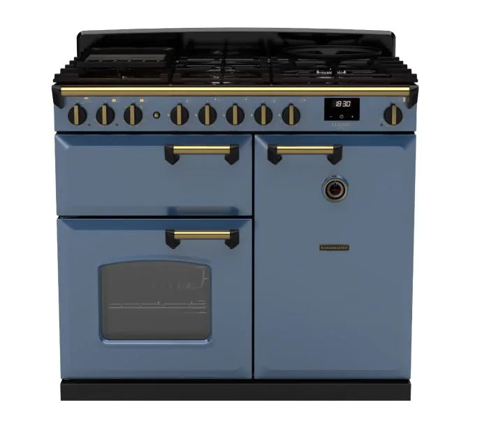 Załaduj obraz do przeglądarki galerii, Rangemaster Classic Deluxe 100 Dual Fuel Stone Blue with Antique Brass Trim | CLDL100DFPSTB/AB1