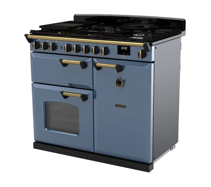 Załaduj obraz do przeglądarki galerii, Rangemaster Classic Deluxe 100 Dual Fuel Stone Blue with Antique Brass Trim | CLDL100DFPSTB/AB1