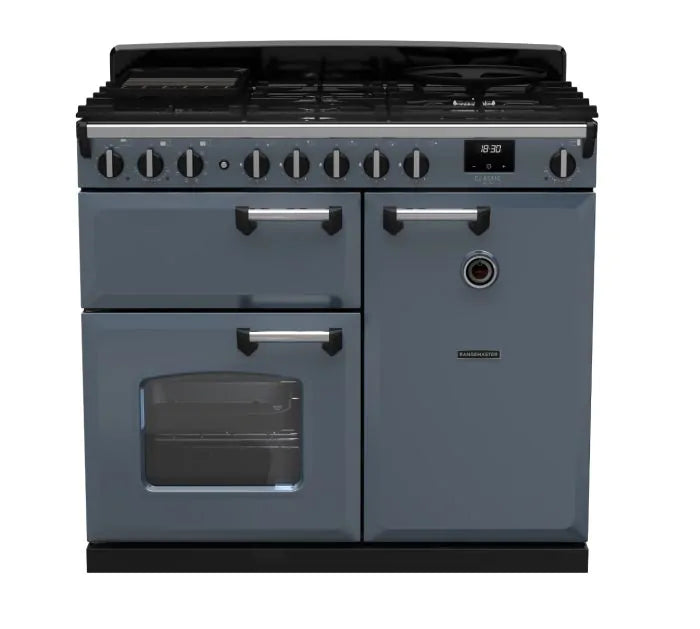 Załaduj obraz do przeglądarki galerii, Rangemaster Classic Deluxe 100 Dual Fuel Stone Blue with Chrome Trim | CLDL100DFPSTB/CM1