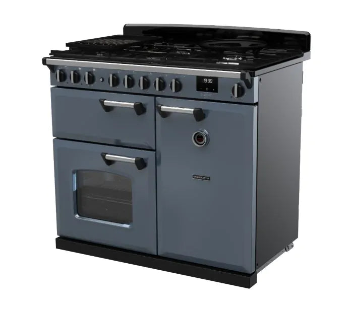 Załaduj obraz do przeglądarki galerii, Rangemaster Classic Deluxe 100 Dual Fuel Stone Blue with Chrome Trim | CLDL100DFPSTB/CM1