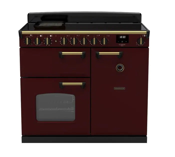 Load image into Gallery viewer, Rangemaster Classic Deluxe 100 Induction Bordeaux with Antique Brass Trim | CLDL100EIPBOR/AB1