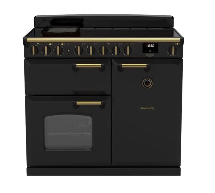 Załaduj obraz do przeglądarki galerii, Rangemaster Classic Deluxe 100 Induction Charcoal Black with Antique Brass Trim | CLDL100EIPCBL/AB1