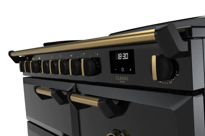 Load image into Gallery viewer, Rangemaster Classic Deluxe 100 Induction Black with Antique Brass Trim | CLDL100EIPGBL/AB1