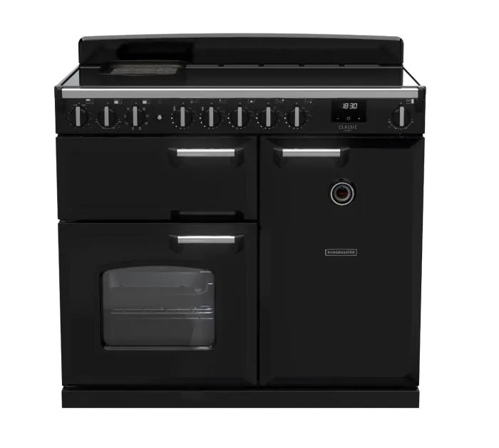 Załaduj obraz do przeglądarki galerii, Rangemaster Classic Deluxe 100 Induction Black with Chrome Trim | CLDL100EIPGBL/CM1