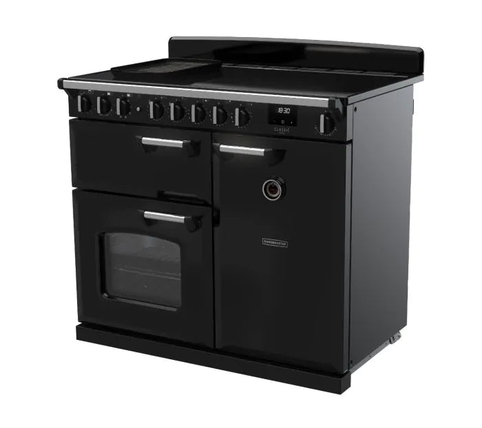 Załaduj obraz do przeglądarki galerii, Rangemaster Classic Deluxe 100 Induction Black with Chrome Trim | CLDL100EIPGBL/CM1
