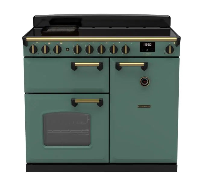Załaduj obraz do przeglądarki galerii, Rangemaster Classic Deluxe 100 Induction Mineral Green with Antique Brass Trim | CLDL100EIPMGR/AB1