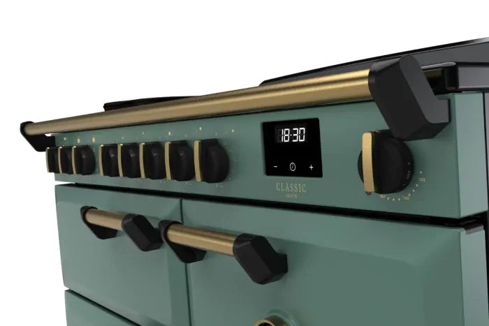 Załaduj obraz do przeglądarki galerii, Rangemaster Classic Deluxe 100 Induction Mineral Green with Antique Brass Trim | CLDL100EIPMGR/AB1